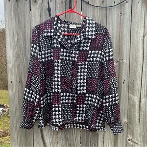 Allison Daily Petites 12P Black White Metallic Houndstooth Checkered Button Down